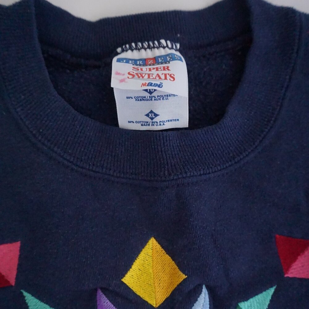 Vintage Jerzees Navy Geometric Star Quilt Embroidered Cotton Crew Sweatshirt XL - Picture 8 of 9